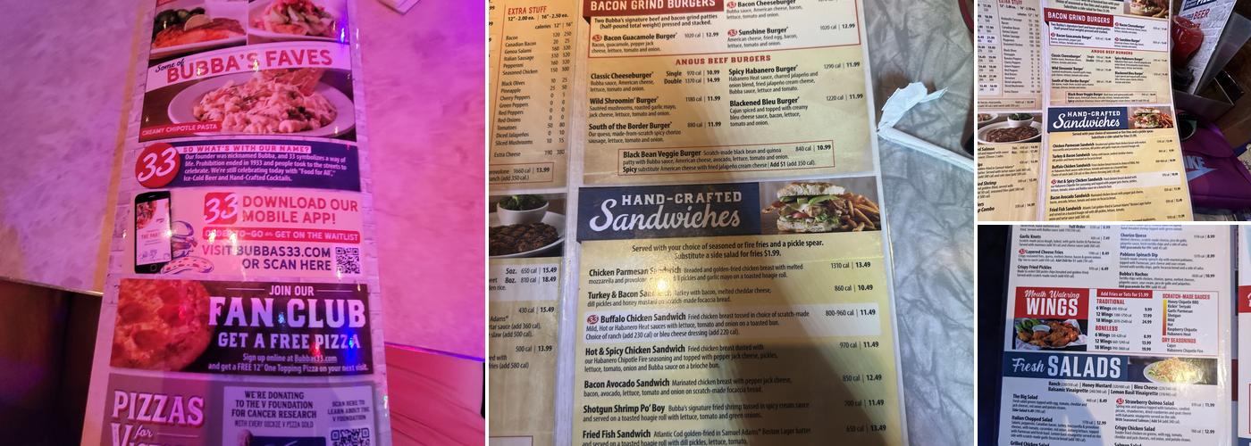 Bubba's 33 Menu