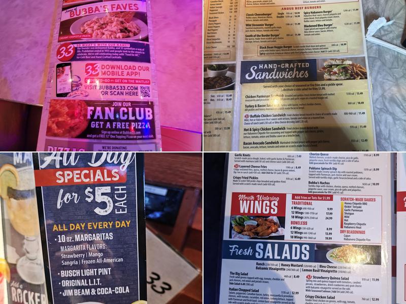Bubba's 33 Menu