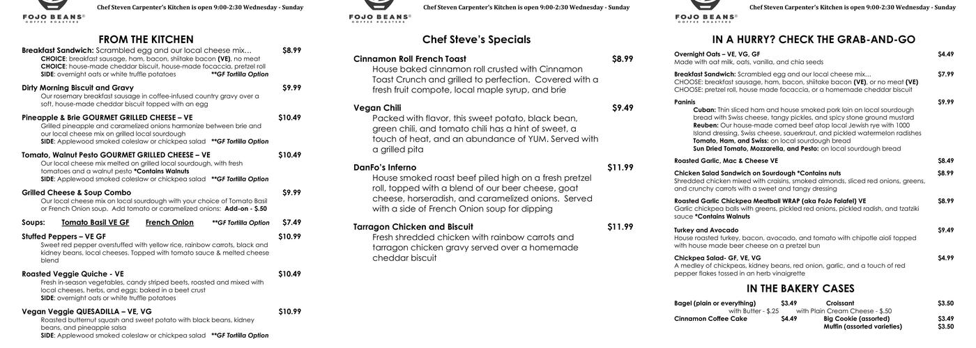 FoJo Beans North Menu