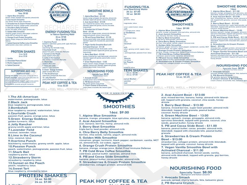 Peak Performance and Wellness Menu