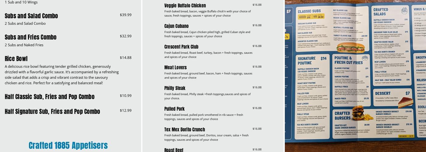 Crafted 1885 Menu