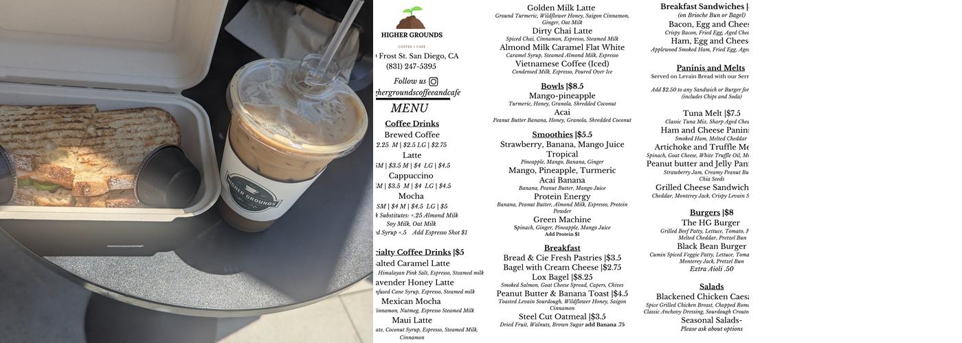 Higher Grounds Coffee and Cafe Menu