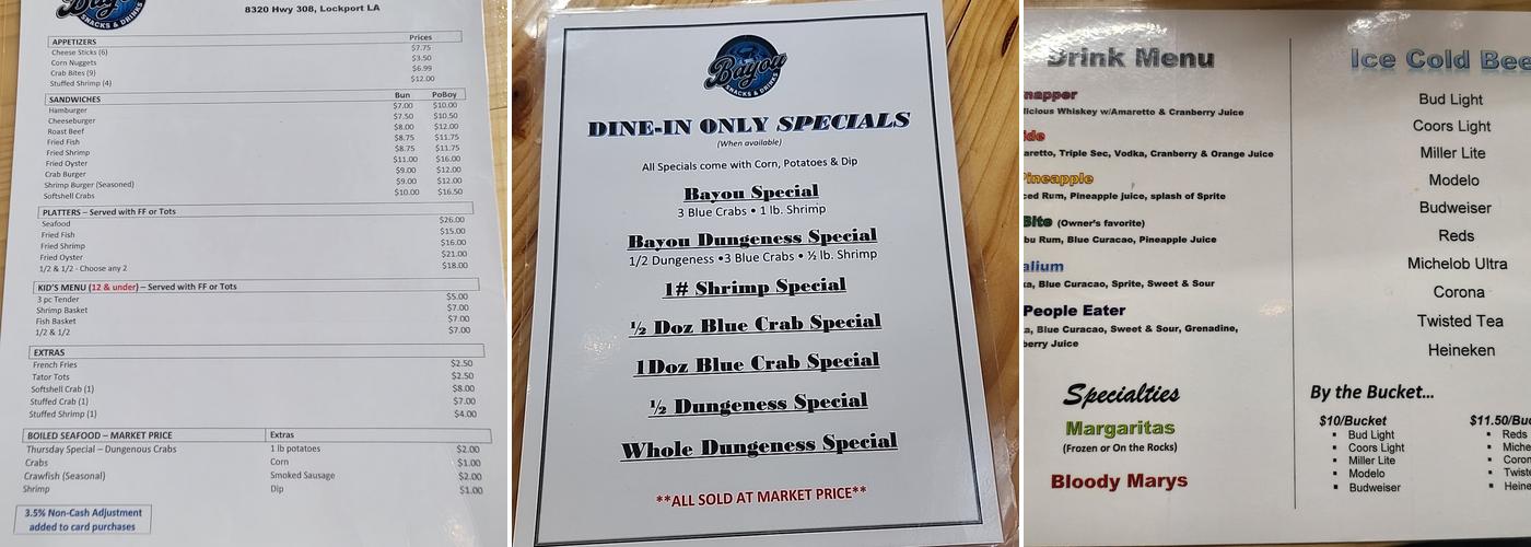 Bayou Snacks & Drinks. Menu