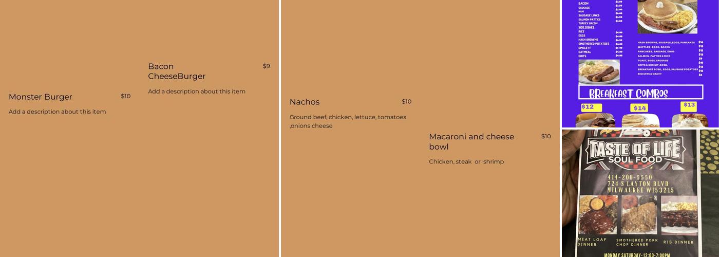 Taste of Life Soul Food, LLC Menu