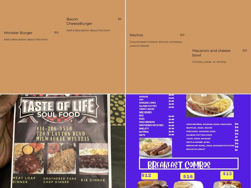 Taste of Life Soul Food, LLC Menu