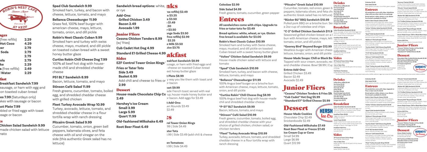 Robin's Nest Cafe At Kezf Menu
