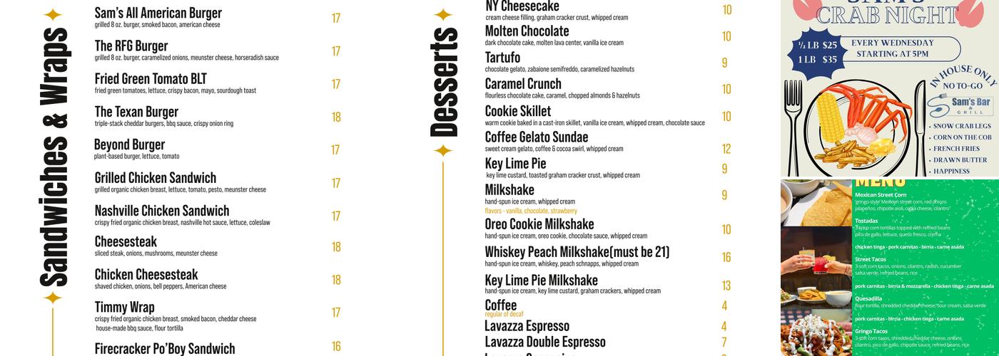 Sam’s Bar & Grill Menu
