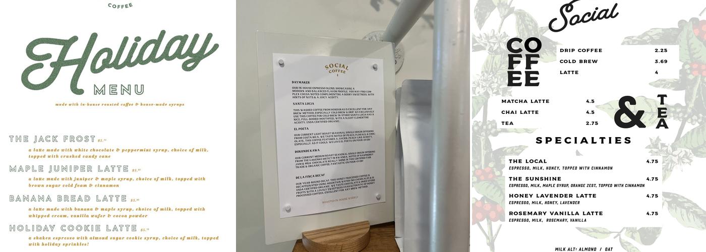 Social Coffee and Supply Co. Menu