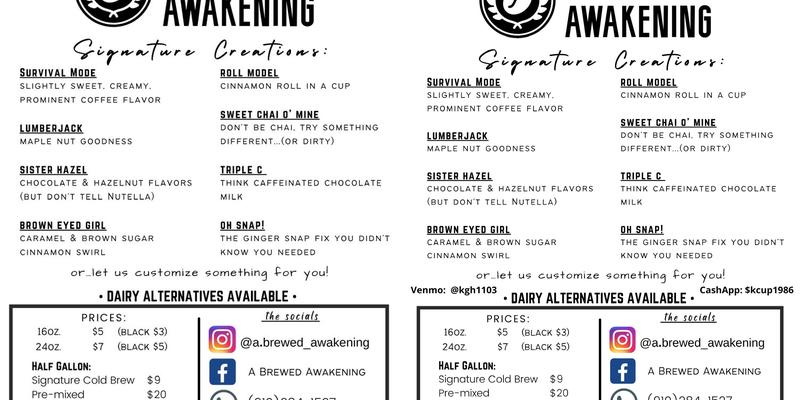 A Brewed Awakening Menu