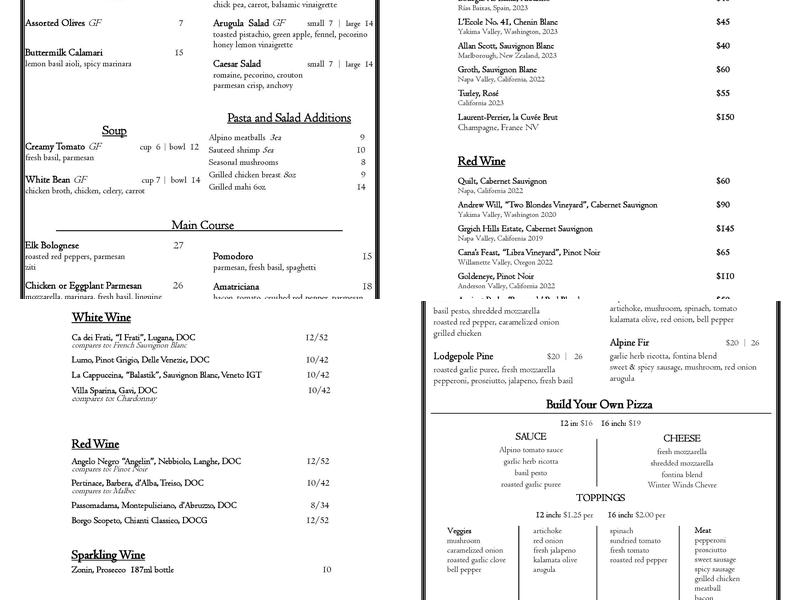 Pizzeria Alpino Menu