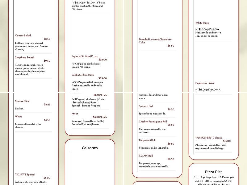 Taste of New York Pizza Menu