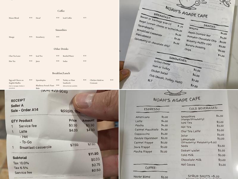 Noah's Agape Cafe Menu