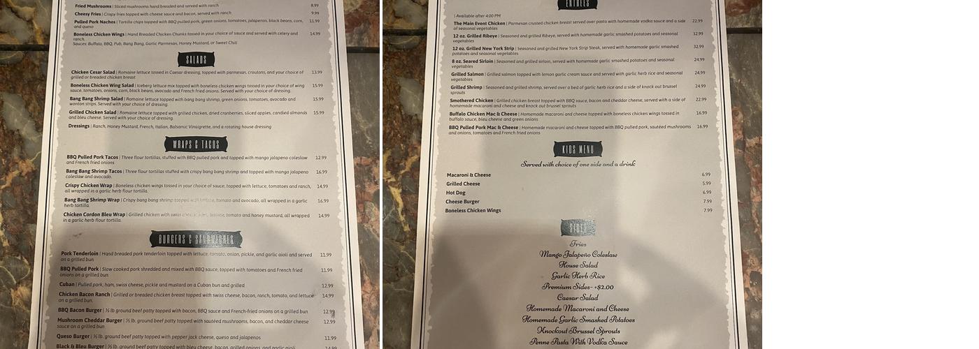 The Main Event Bar & Grill Menu