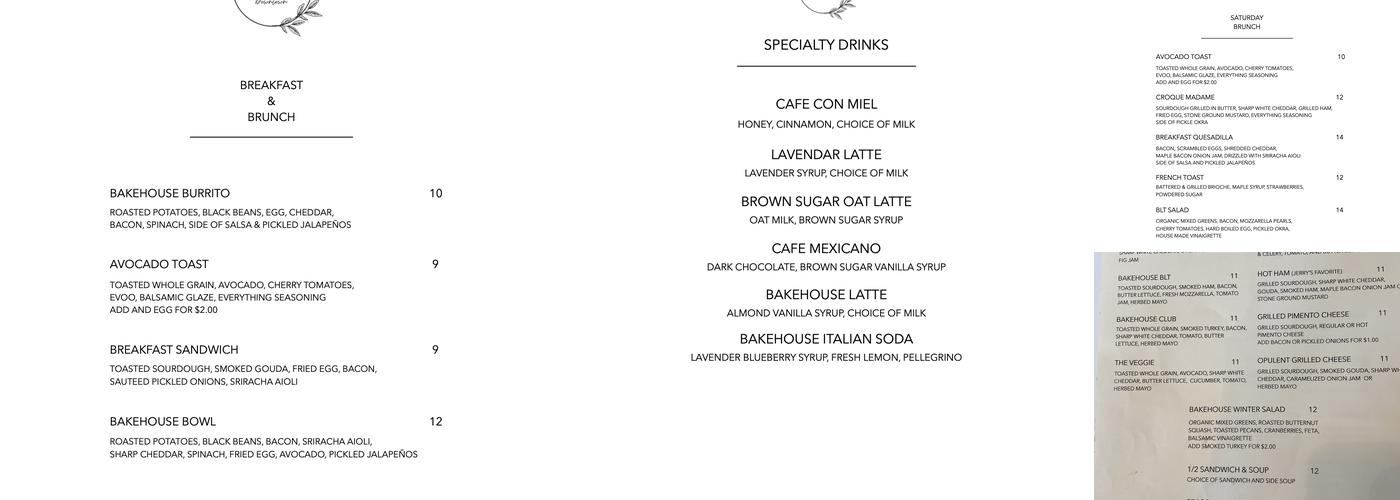 The Bakehouse Menu
