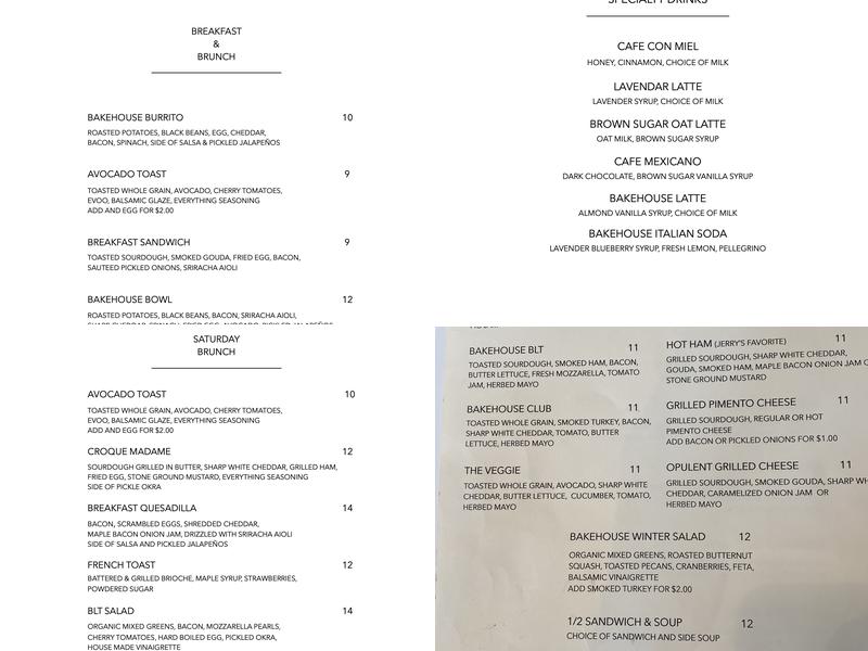 The Bakehouse Menu