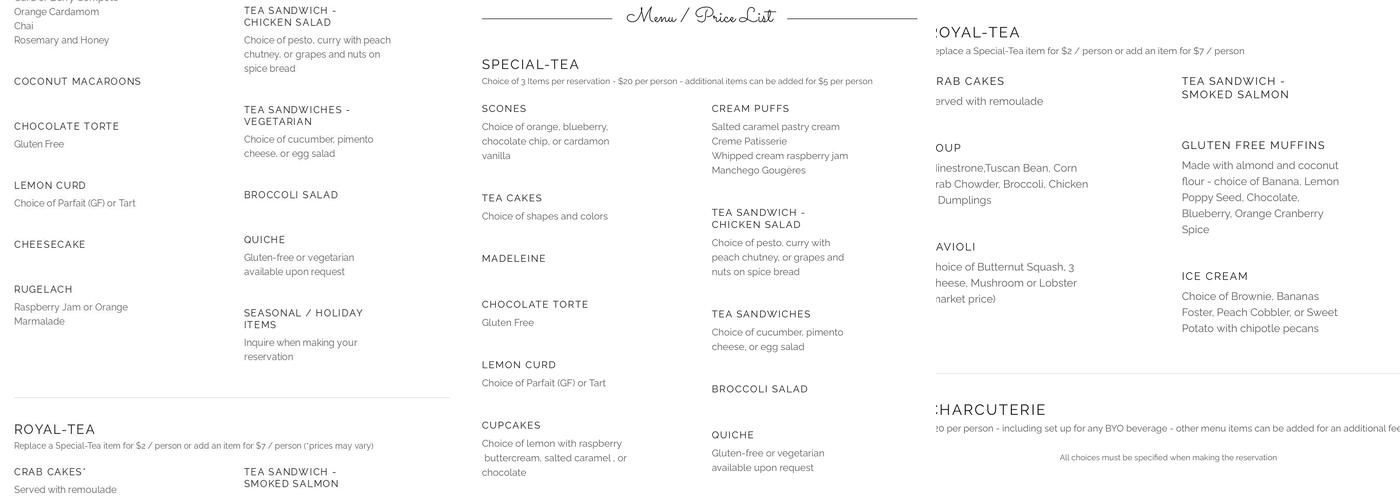 Tiny Tea House in the Trees Menu