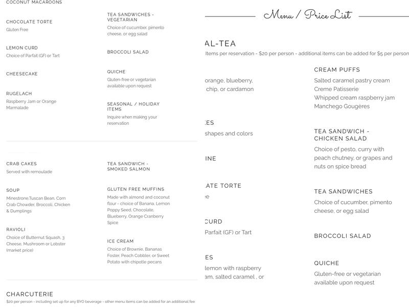 Tiny Tea House in the Trees Menu