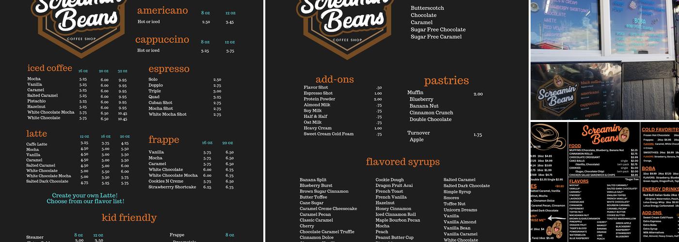 Screamin Beans Coffee Shop Menu