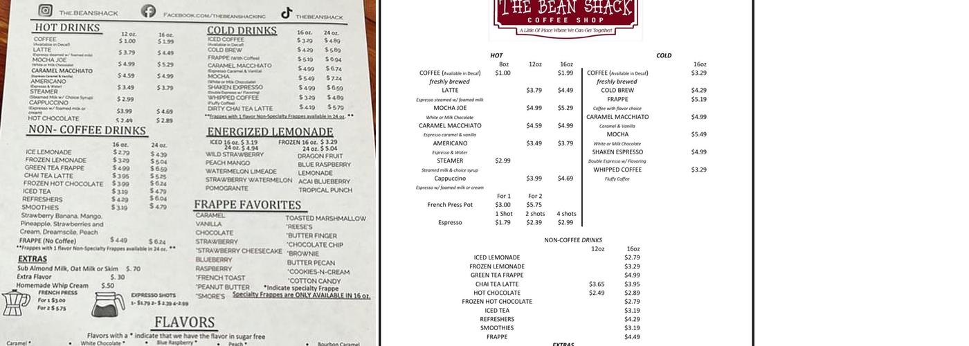 The Bean Shack Menu