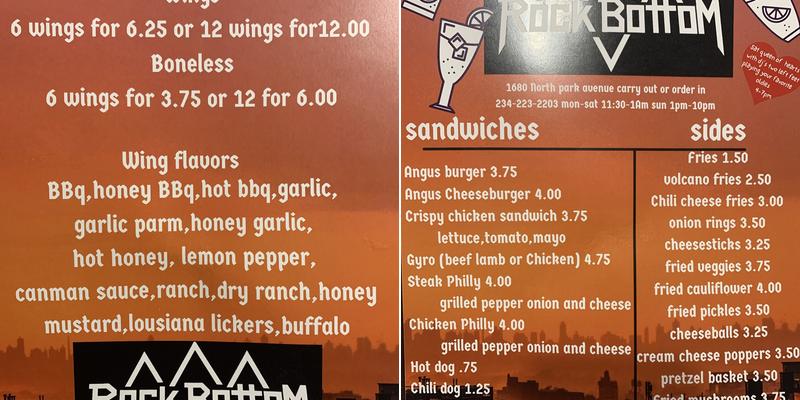 Rock Bottom Cafe Menu