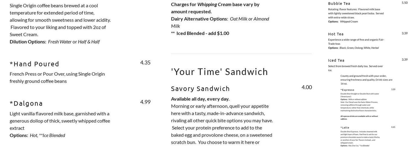 Java's Enchanted Bean, Ltd Menu