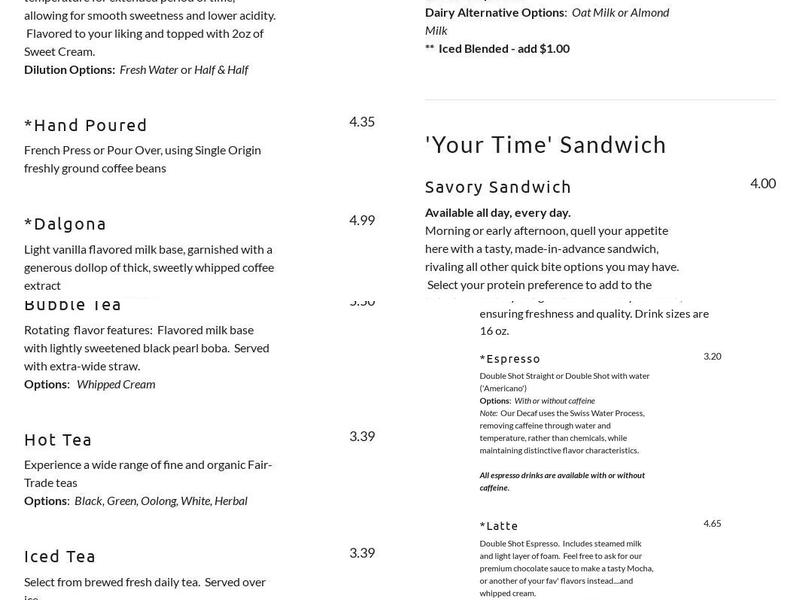 Java's Enchanted Bean, Ltd Menu