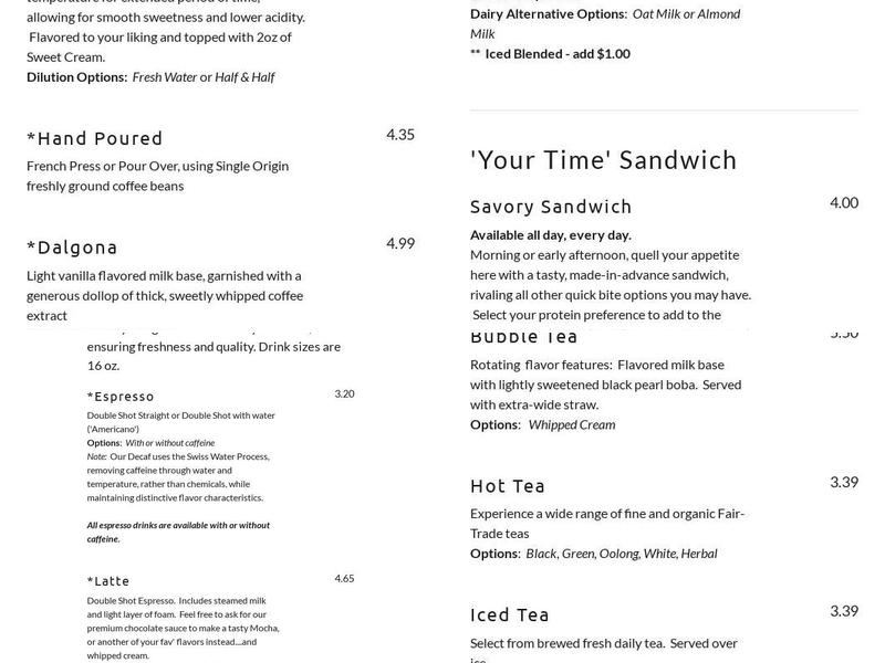 Java's Enchanted Bean, Ltd Menu