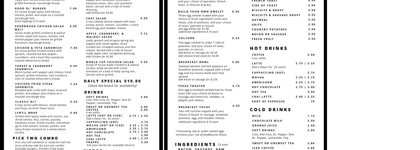 World Cup Cafe' Menu