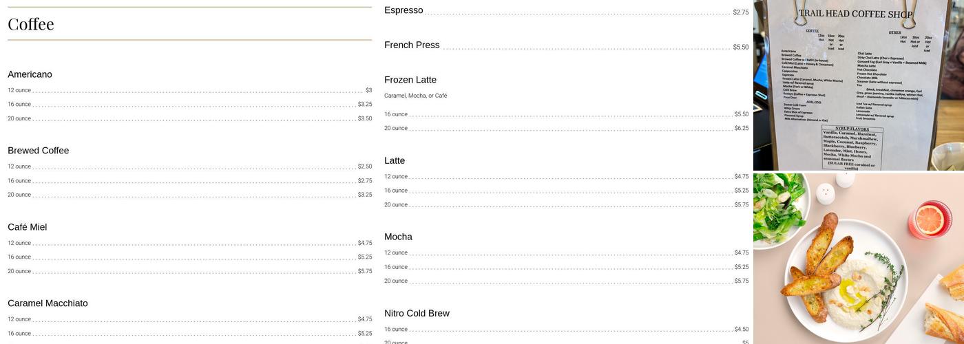 Trail Head Coffee Shop Menu