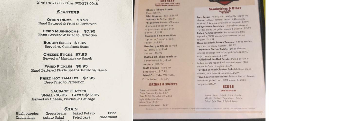 Barn and Table Restaurant Menu