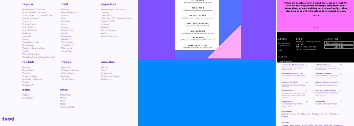 Hawks Coffee Shop Menu