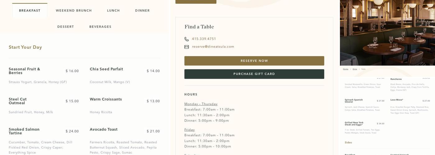 Sula and Sula Lounge Menu