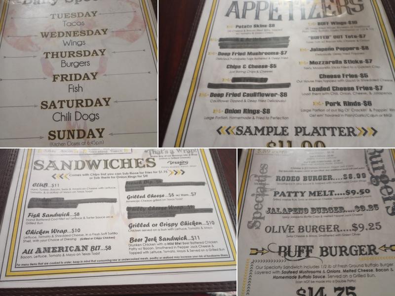 The Buff Bar and Grill Menu