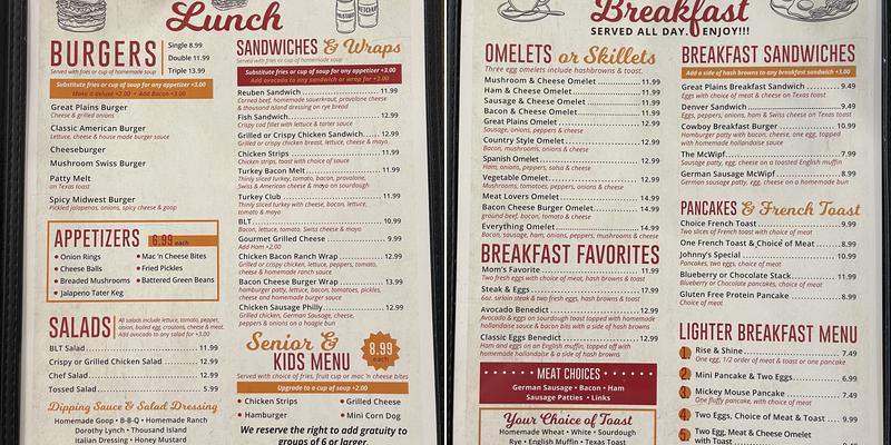 Great Plains Family Restaurant Menu