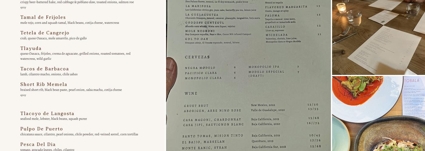 Tobala Menu