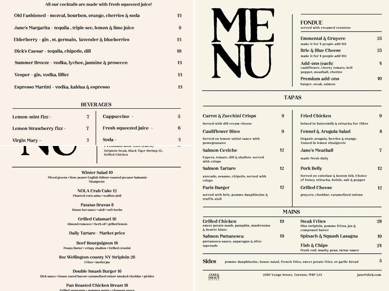 Jane & Dick's Bistro Menu
