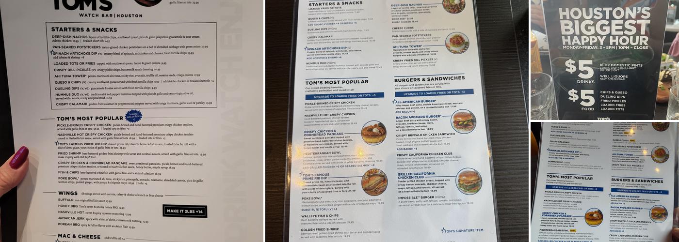 Tom's Watch Bar Menu