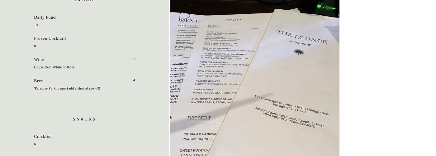 Restaurant and Bar at The Chloe Menu