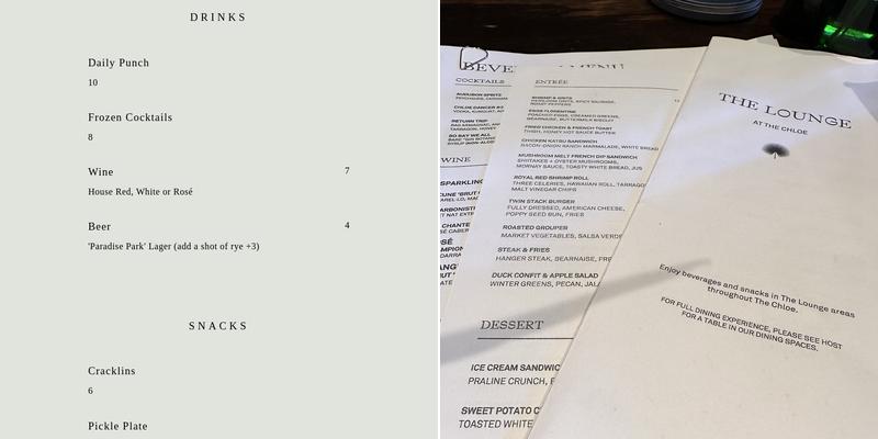 Restaurant and Bar at The Chloe Menu