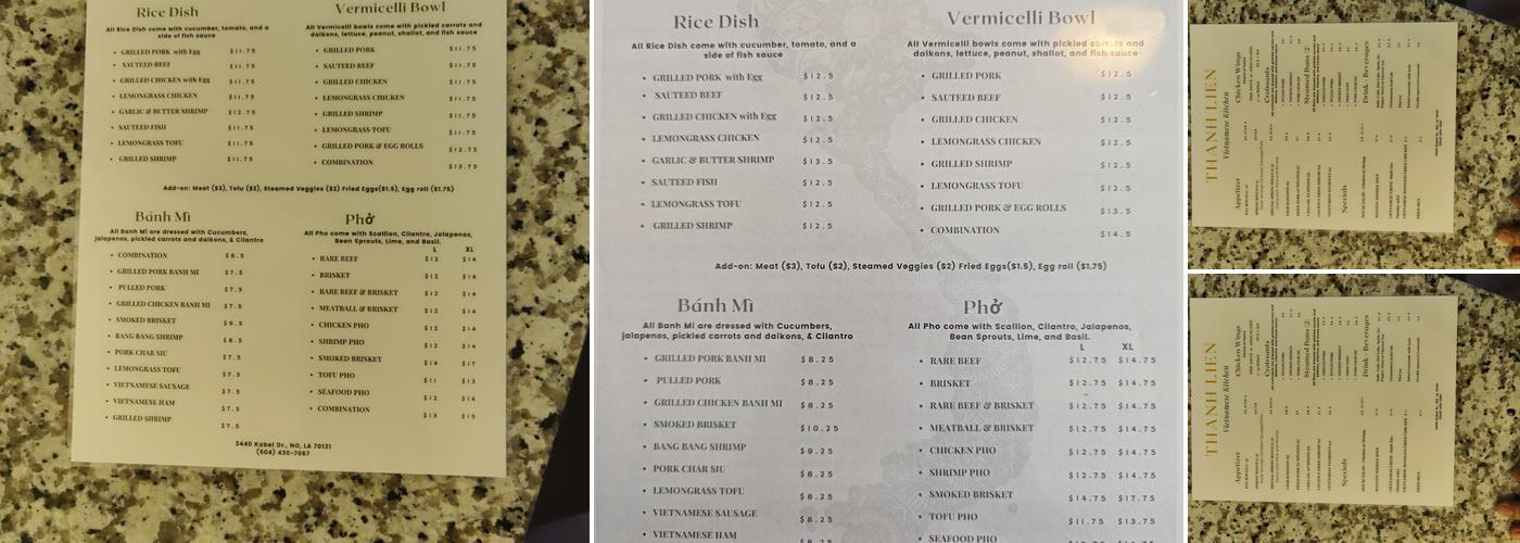 Thanh Lien Kitchen Menu