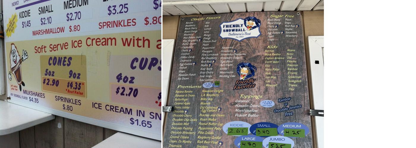 Friendly Snowballs Menu