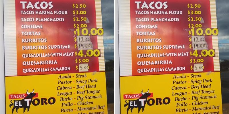 Tacos El Toro Menu