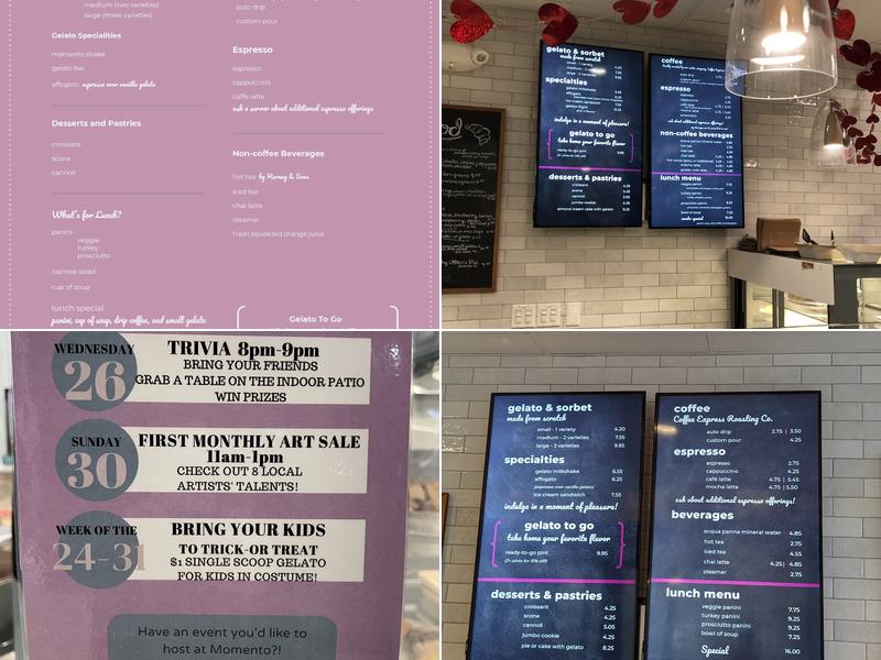 Momento Gelato and Coffee Menu