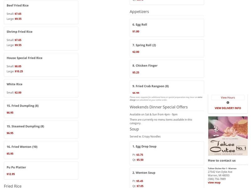 Takee Outee No 1 Menu