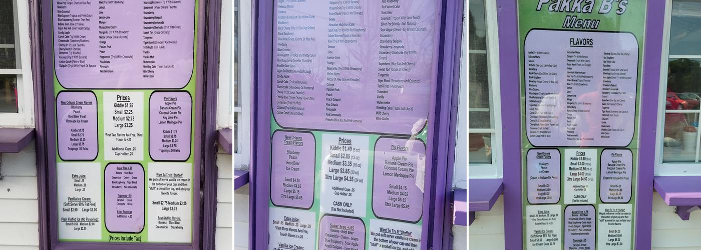 Pakka B's New Orleans Sno Balls Menu