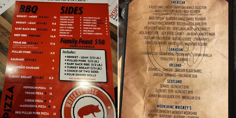 Whiskey Rose Bar & Grill Menu