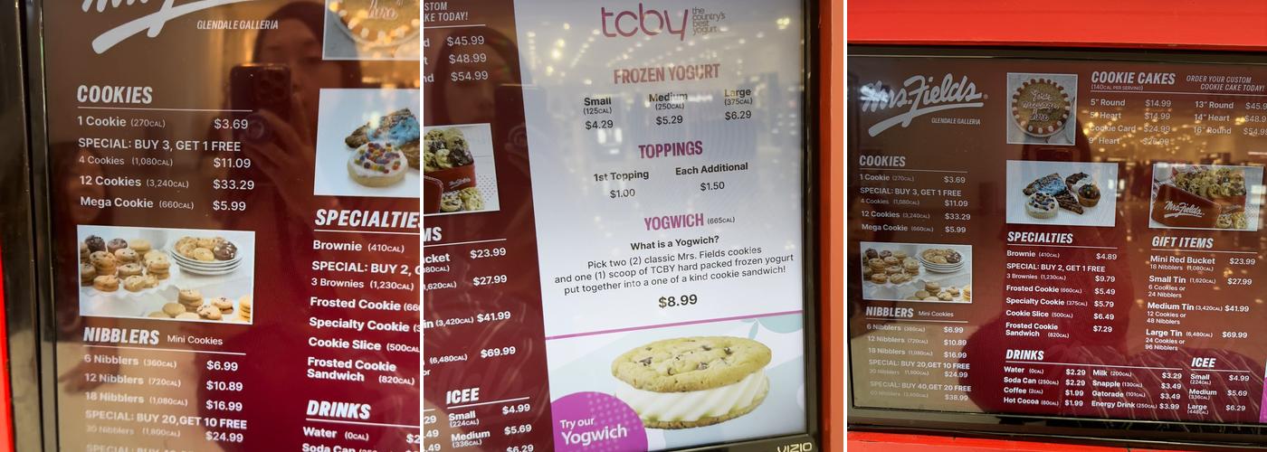 Mrs. Fields TCBY Menu