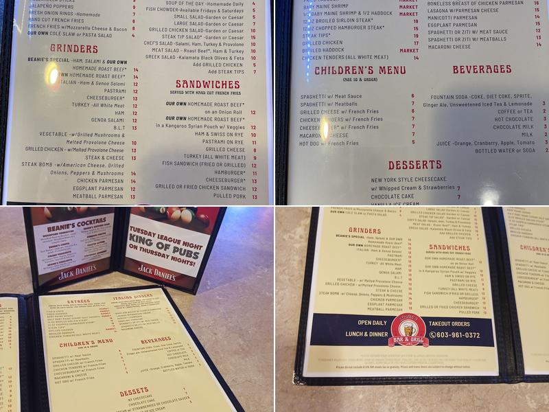 Beanie's Bar & Grill Menu