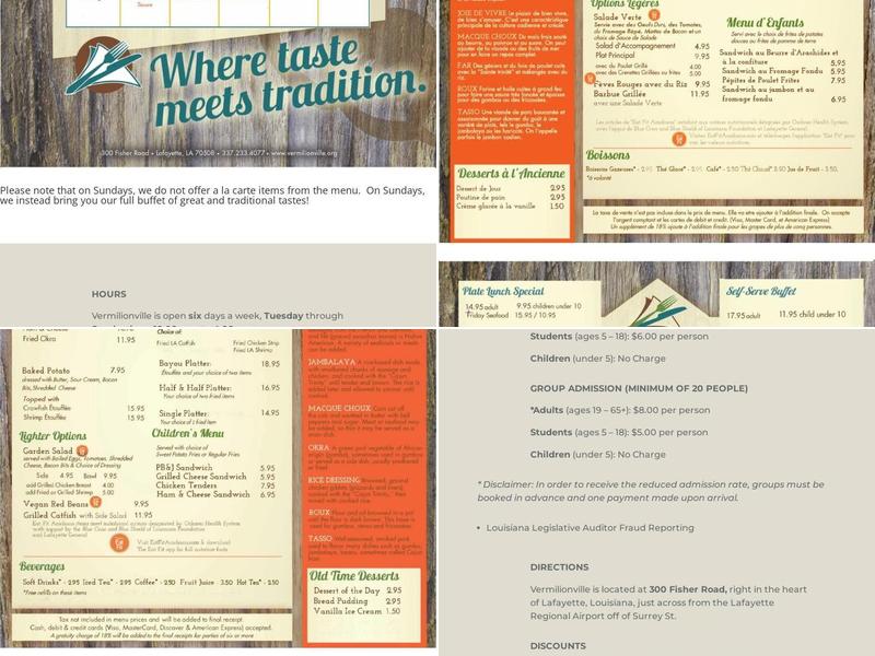 Vermilionville Historic Village Menu