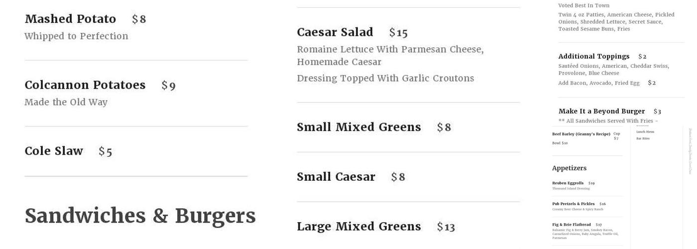 The Irish Brigade Menu